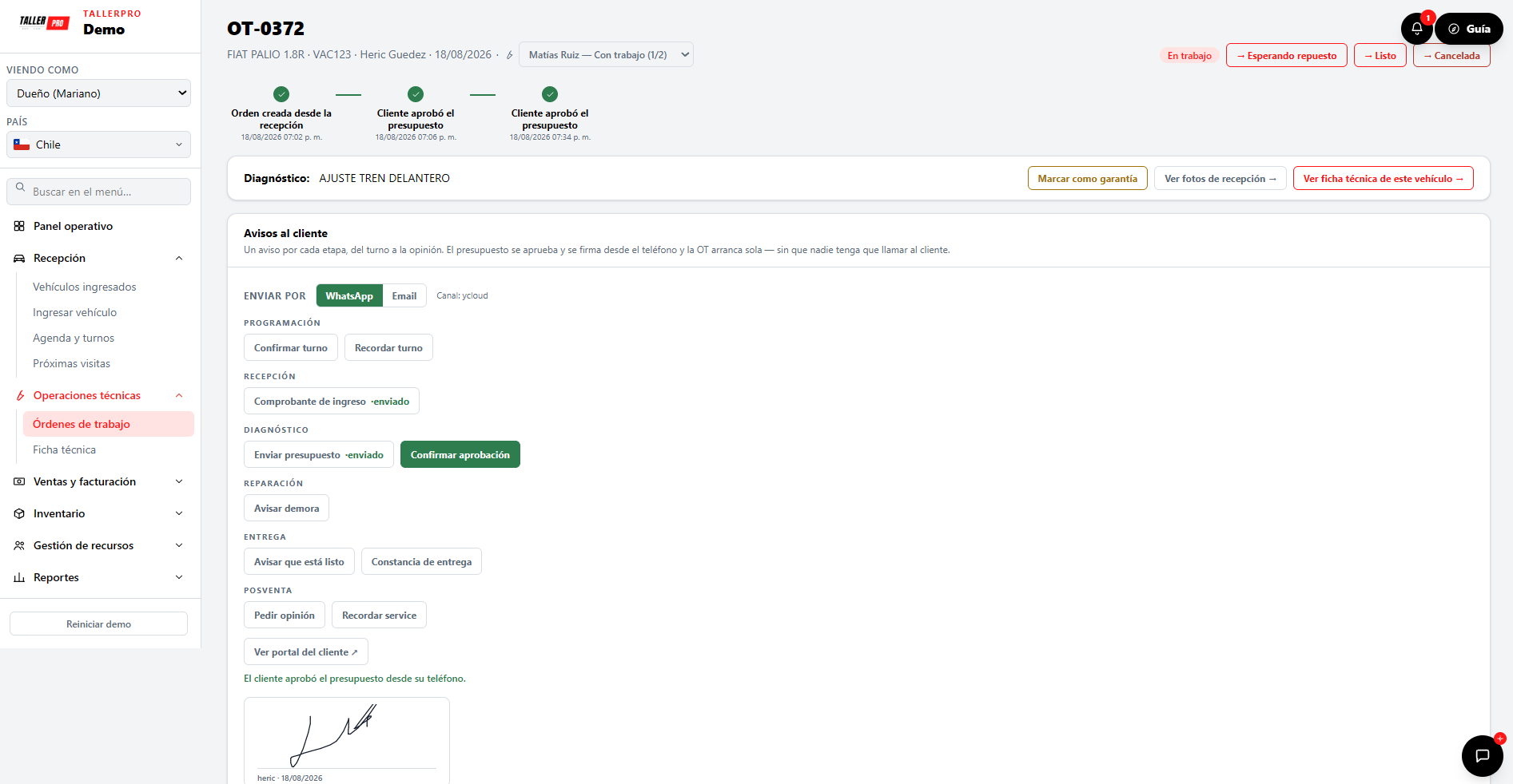 Orden de trabajo con los avisos automáticos de WhatsApp al cliente en cada etapa